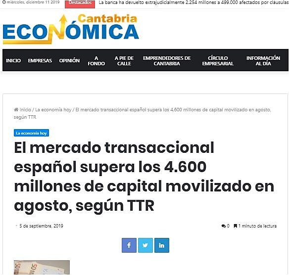 El mercado transaccional espaol supera los 4.600 millones de capital movilizado en agosto, segn TTR